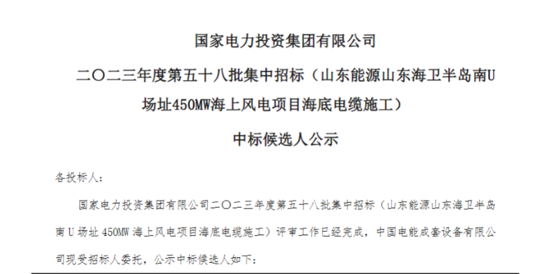 國(guó)家電投450MW海上風(fēng)電項(xiàng)目海底電纜施工中標(biāo)候選人公示